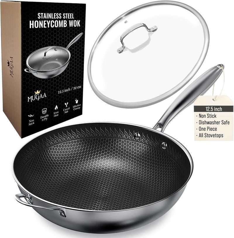MUGAA 12.5” Nonstick Stainless Steel Wok Pan with Lid | Tri-Ply Honeycomb Hybrid Stir-Fry Pan | Nonstick Woks & Stir-Fry Pans | PFOA-Free, Induction, Dishwasher & Oven Safe - Image 1